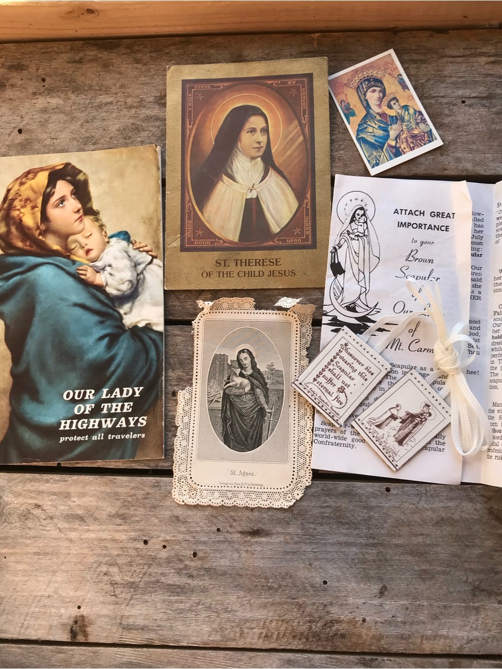 Vintage Religious Prayer Cards & Scapular Set - ST THERESE, Our Lady of Highways